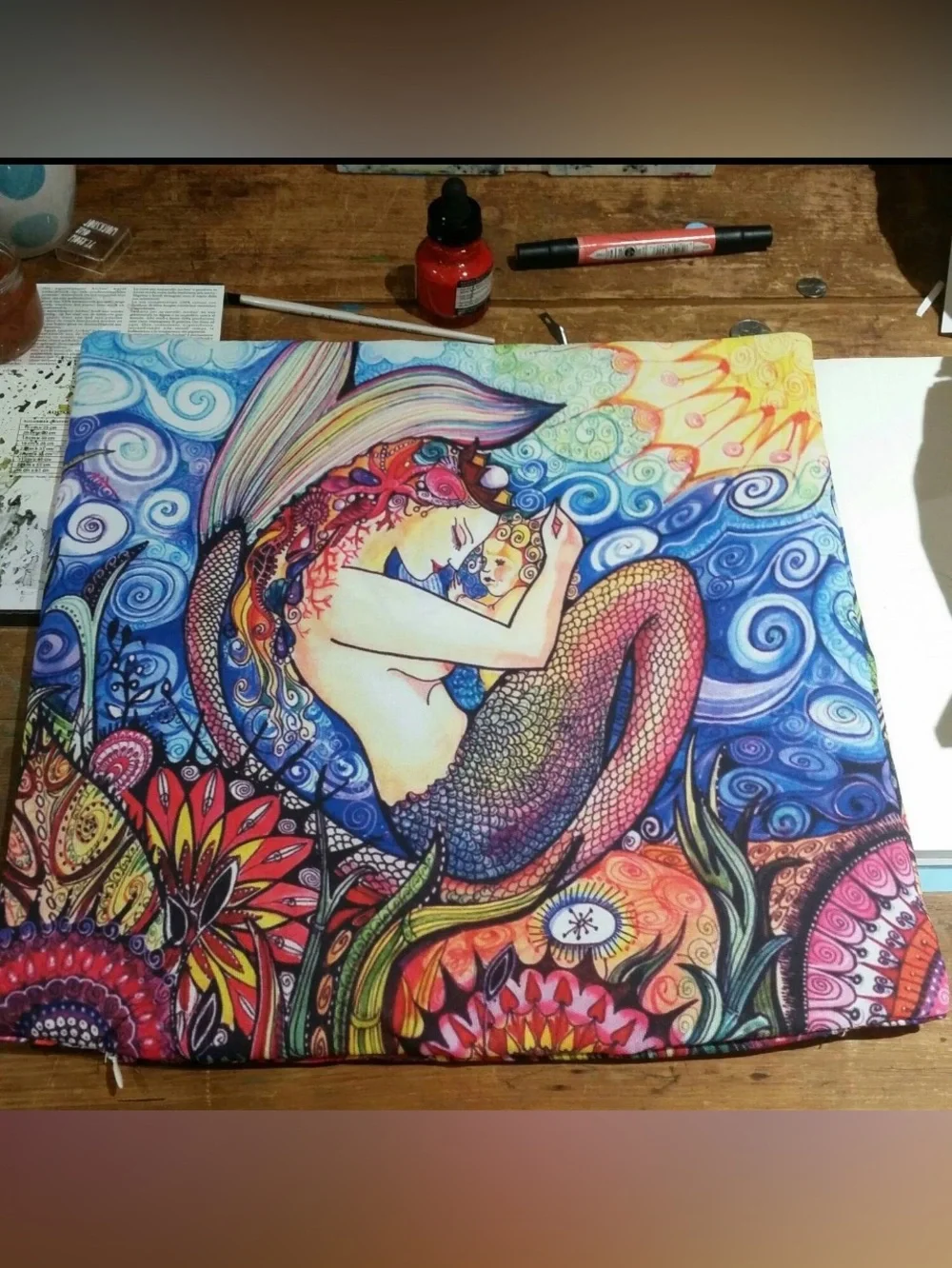 Artistic Mermaid Decorative Pillow Cover - Multicolor